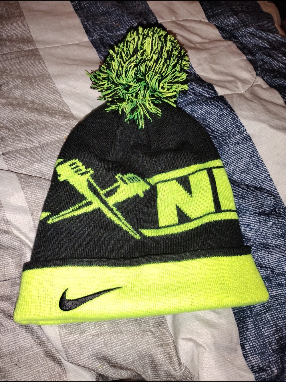 Nike Black and Neon Yellow Kids Pom Beanie